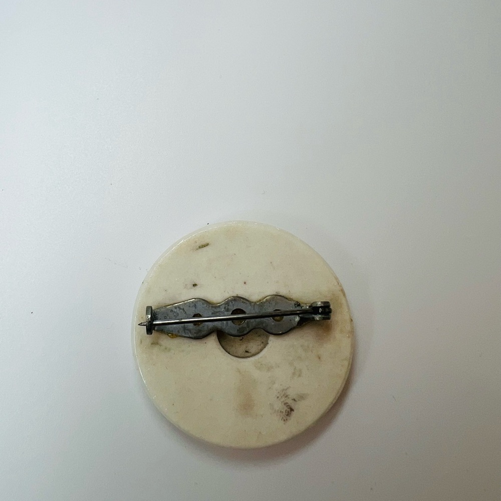 Vintage Round Floral Resin Brooch Hand Painted Cream Disc Pin - Picture 2 of 3